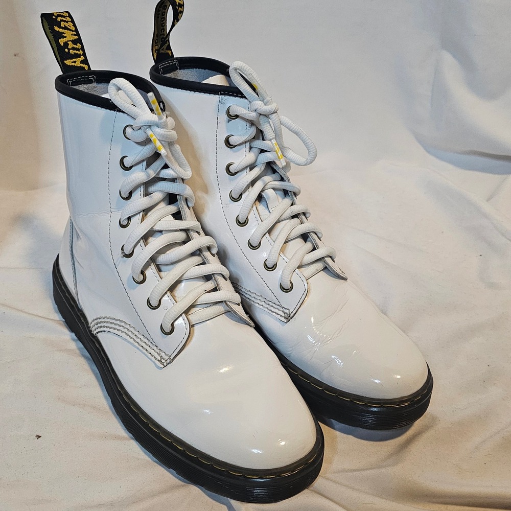 Dr. Martens 1460 White Patent Leather 8-Eye Combat Boots Glossy AirWair Sole W11